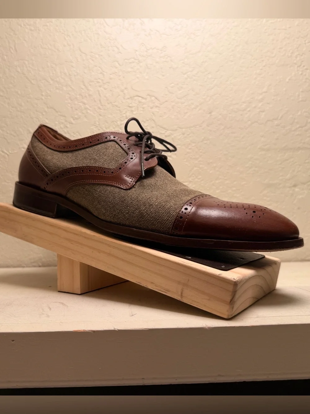 Classic Brown Leather and Olive Fabric Cap-Toe Derby